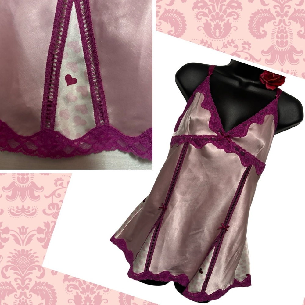 VALERIE STEVENS Sexy Pink Babydoll Lace Hearts Satin Fairy Cami lingerie Y2K Top